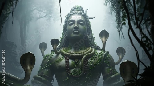 Shiva Statue Adorned with Cobras and Vines in Misty Forest, Hindu Deity