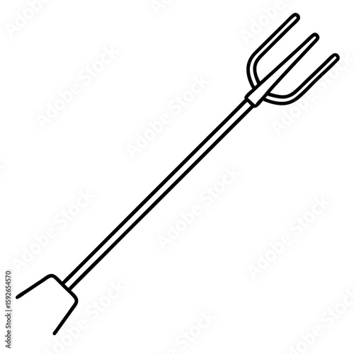 Detailed line art illustration of a garden rake with intricate prongs isolated on white background