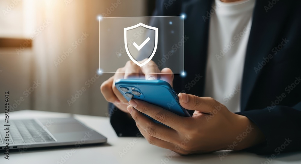 Fototapeta premium Mobile Security: Person Using Smartphone with Security Shield Icon Overlay for Data Protection & Cyber Safety Concept
