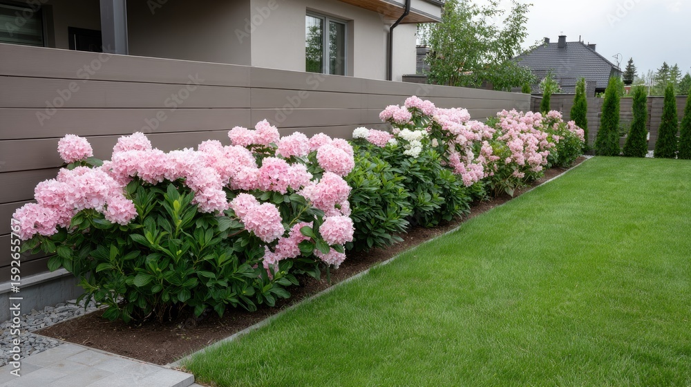 Obraz premium Beautiful flower garden at sunset with gazebo, hydrangeas, and relaxed seating for family and friends to enjoy on a summer evening