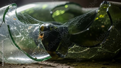 Spiderweb inside broken green glass bottle, close-up macro shot, abandoned and forgotten