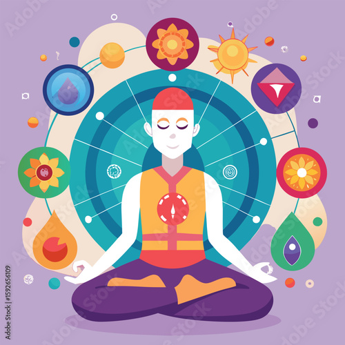 A harmonious illustration representing meditation and spiritual awareness of the chakras in yoga practice