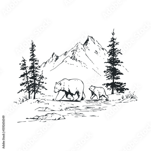 Bear and cub walking in a mountainous forest landscape