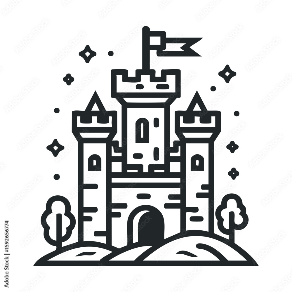 Obraz premium Enchanted castle surrounded by trees and stars for fantasy themes