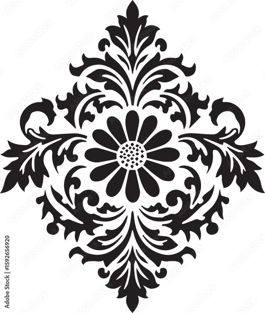 Fototapeta premium Classic floral stencil design, central daisy with radiating leaves, symmetrical botanical divider, Adobe Illustrator Artwork