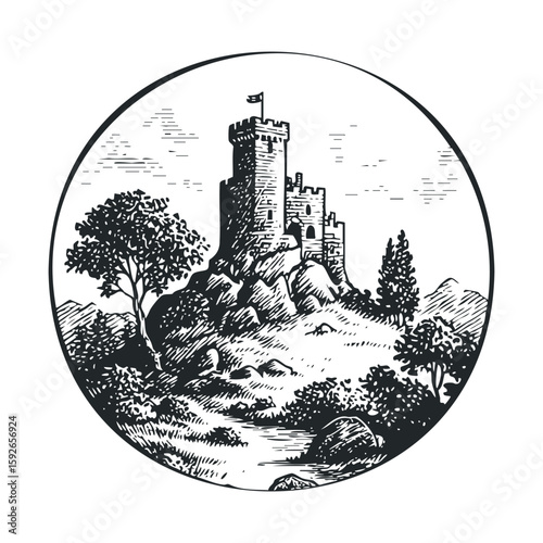 Medieval castle on a rocky hill with trees and a flag