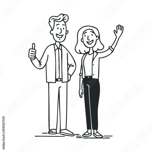 Happy couple posing together with friendly gestures and smiles