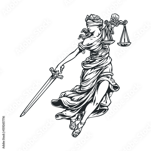 Justice personified with scales and sword in dynamic pose