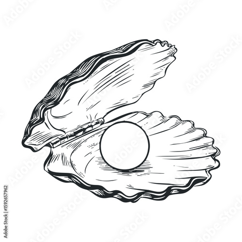 Open shell revealing shiny pearl for treasure themes and designs