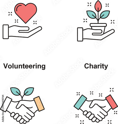 Illustrations depict volunteering, charity, and partnership concepts