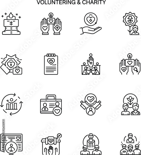 Line icons representing volunteering and charity work
