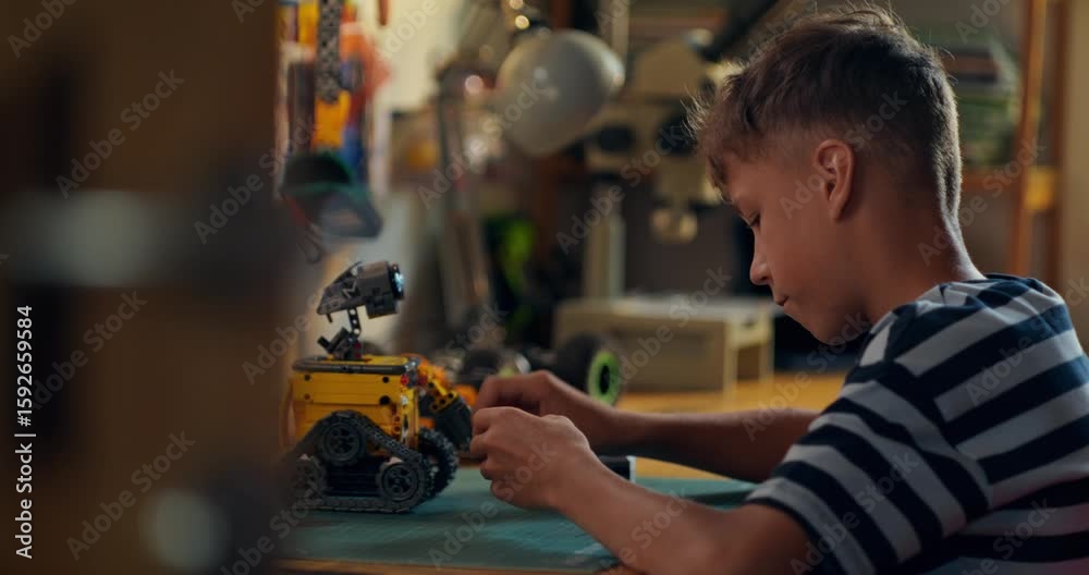 A boy enthusiastically builds a robot from a construction kit while sitting at a table at home