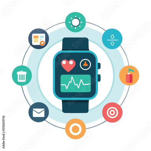A modern smartwatch interface showcasing fitness tracker functions and diverse application icons seamlessly integrated