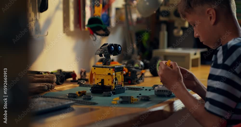 A boy is concentrating on building a robot from a construction kit while sitting at a table in his room