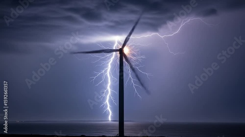 Wind Turbine Struck by Lightning Dramatic Night Storm