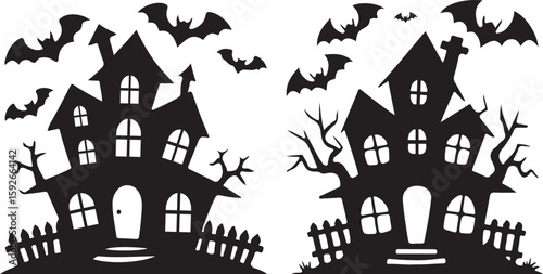 Spooky Halloween Silhouette Houses with Bats