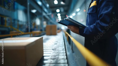 A worker in a blue uniform checks inventory on a clipboard in a warehouse. Boxes are lined up on a conveyor belt in the background.