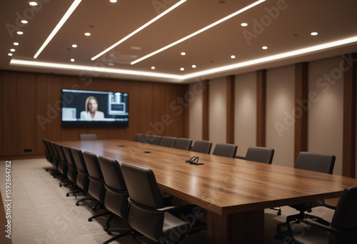 modern minimalist conference room with long wooden table and chairs