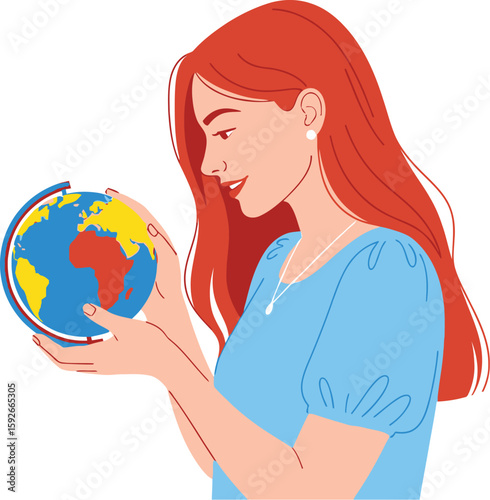 A woman with long red hair holding a globe with africa and europe visible against a white background