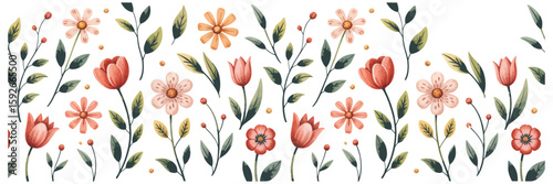 Artistic floral pattern featuring tulips and daisies with leaves scattered gracefully on a clean white backdrop for design