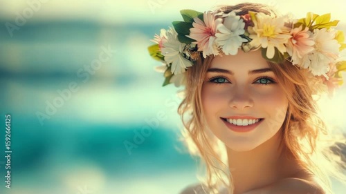 Smiling young woman with long blonde hair wearing a floral crown. 