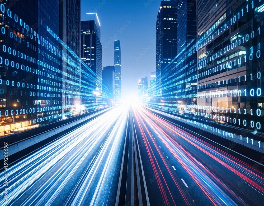 Obraz premium Futuristic Urban Highway at Night with Digital Connections and Long Exposure Traffic