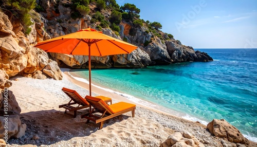 Sunny beach scene with orange umbrella