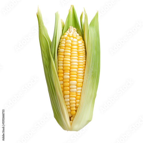 Fresh Yellow Corn on Cob with Green Husks Isolated on White Background