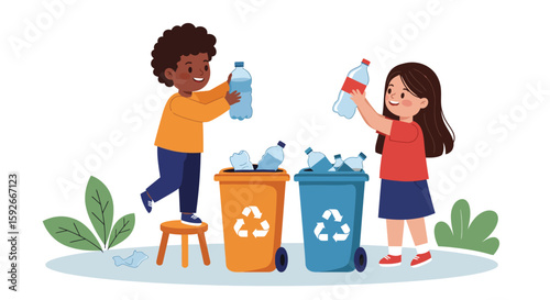 Two Children Recycling Plastic Bottles in Eco-Friendly Activity