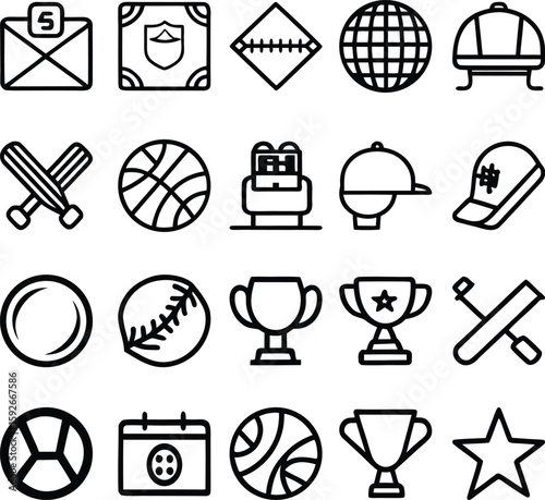 Set of Sports and School Icons including envelope with number 5, badge, baseball diamond, globe, school bell, baseball bats, basketball, backpack, cap, cap with logo, plate, baseball, trophy icons.
