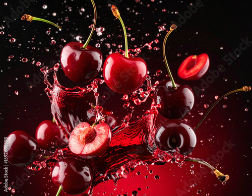 Cherrys & Cherry Slices Flying in a Fresh Explosion with Juice Drops Isolated on a background.
