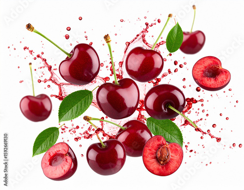 Cherrys & Cherry Slices Flying in a Fresh Explosion with Juice Drops Isolated on a background.