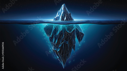 Jagged blue iceberg submerged in dark ocean under starry night sky water