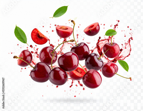 Cherrys & Cherry Slices Flying in a Fresh Explosion with Juice Drops Isolated on a background.