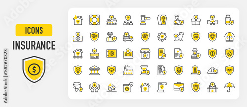 Insurance vector icons. Safe Box, Secure, Family, Education, Theft, Fire, Medical Report, Bank, Accident, Money, Car Accident, Factory, Dog, Fracture, Elder, Mobile vector stroke illustration.	
