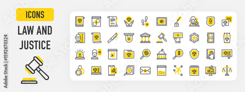 Law And Justice icons. Court, Badge, Gavel, Government, Counselling, Justice, Agreement, Document, Money, Envelope, Fingerprint, Certificate, Marijuana vector stroke illustration.	
