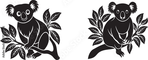 Black and white silhouette of a koala on a branch