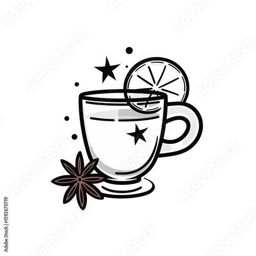 A stylized glass for a drink with star anise and a slice of lemon on a transparent background, representing the concept of refreshment and taste