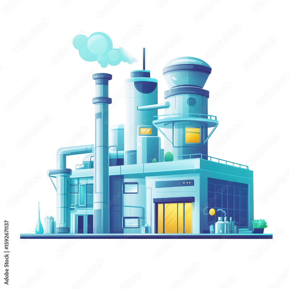 Obraz premium Modern Industrial Facility with Smokestacks and Blue Sky Background
