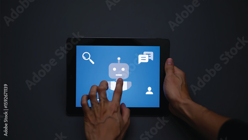 Person touching tablet screen showing chatbot interface with icons touch screen robot