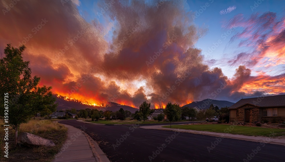 Fototapeta premium Wildfire sunset over neighborhood