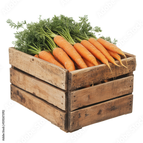 Fresh Carrots in Wooden Crate with Green Tops and Earthy Texture