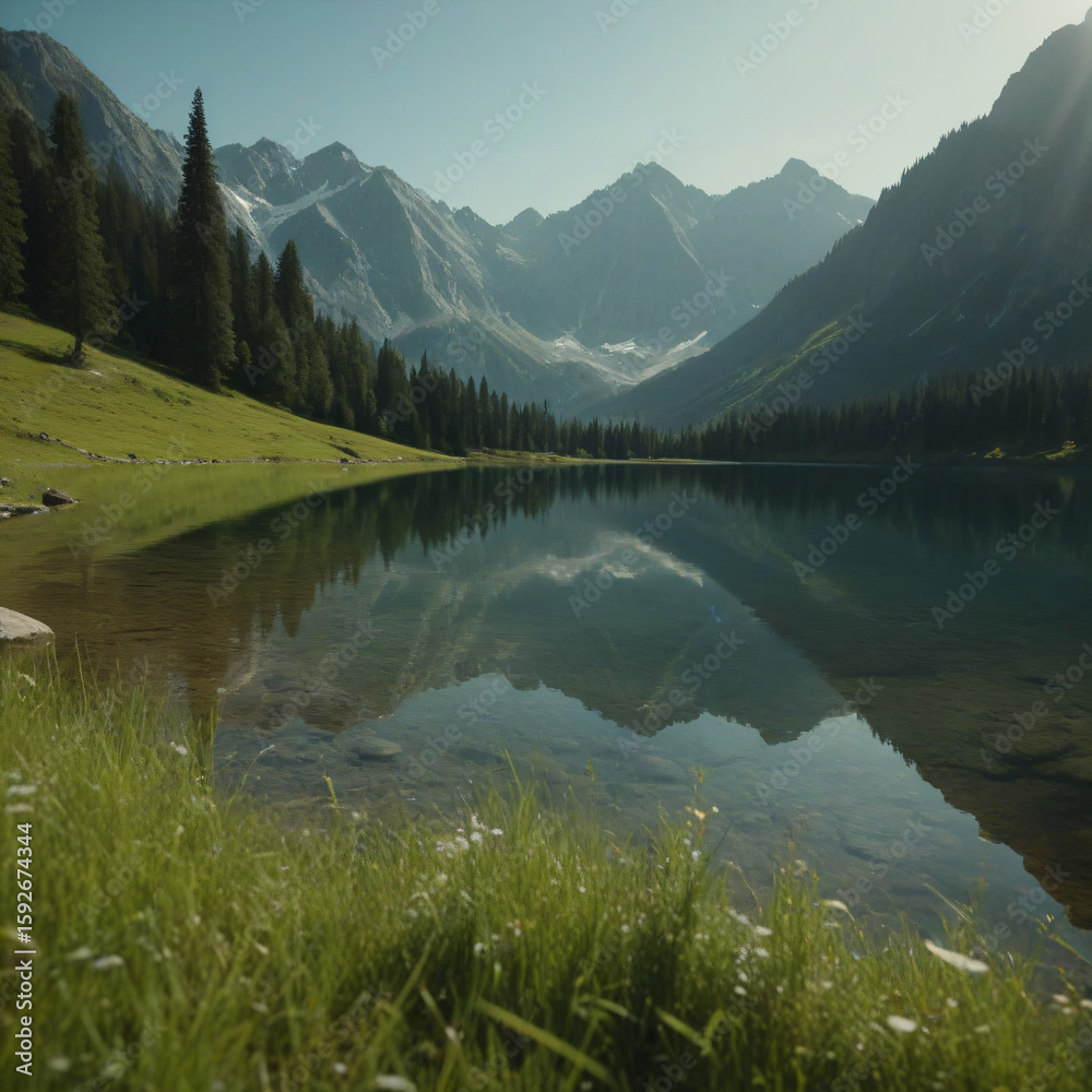 Naklejka premium tranquil mountain lake with forest reflections and towering peaks
