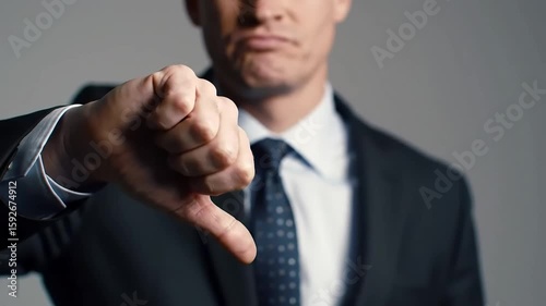 A blurry man in a suit gives a thumbs down, indicating disapproval or rejection, against a plain background