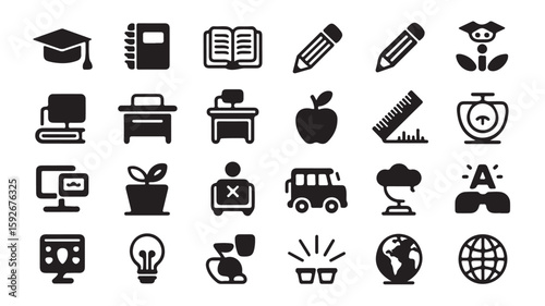 "School and Education Icons – Graduation, Book, Teacher, and Learning Symbols"