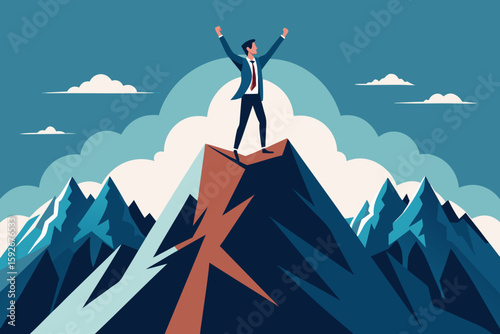 Businessman celebrating on mountain peak with arms raised in victory isolated on white background