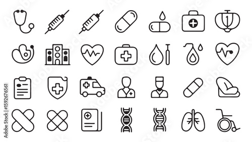 "Healthcare and Medical Icons – Stethoscope, Syringe, Medicine, and Emergency Symbols"