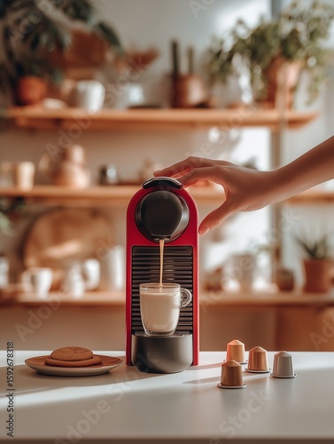 Modern coffee capsule machine preparing fresh espresso in cozy kitchen – lifestyle scene with hand placing cup