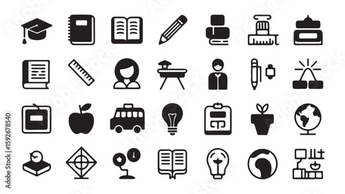 "Education and Classroom Icons – Book, Graduation, Teacher, and Study Symbols"