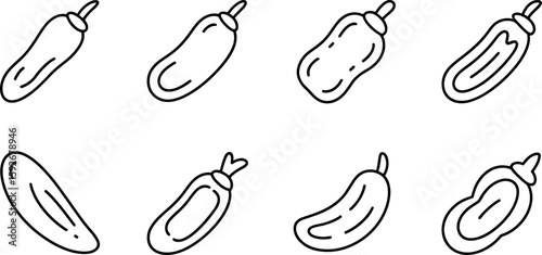 Vector illustration: Eight simple line art cucumber icons